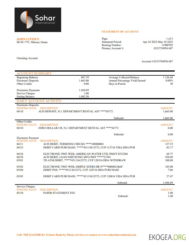 Relevé bancaire Oman Sohar International